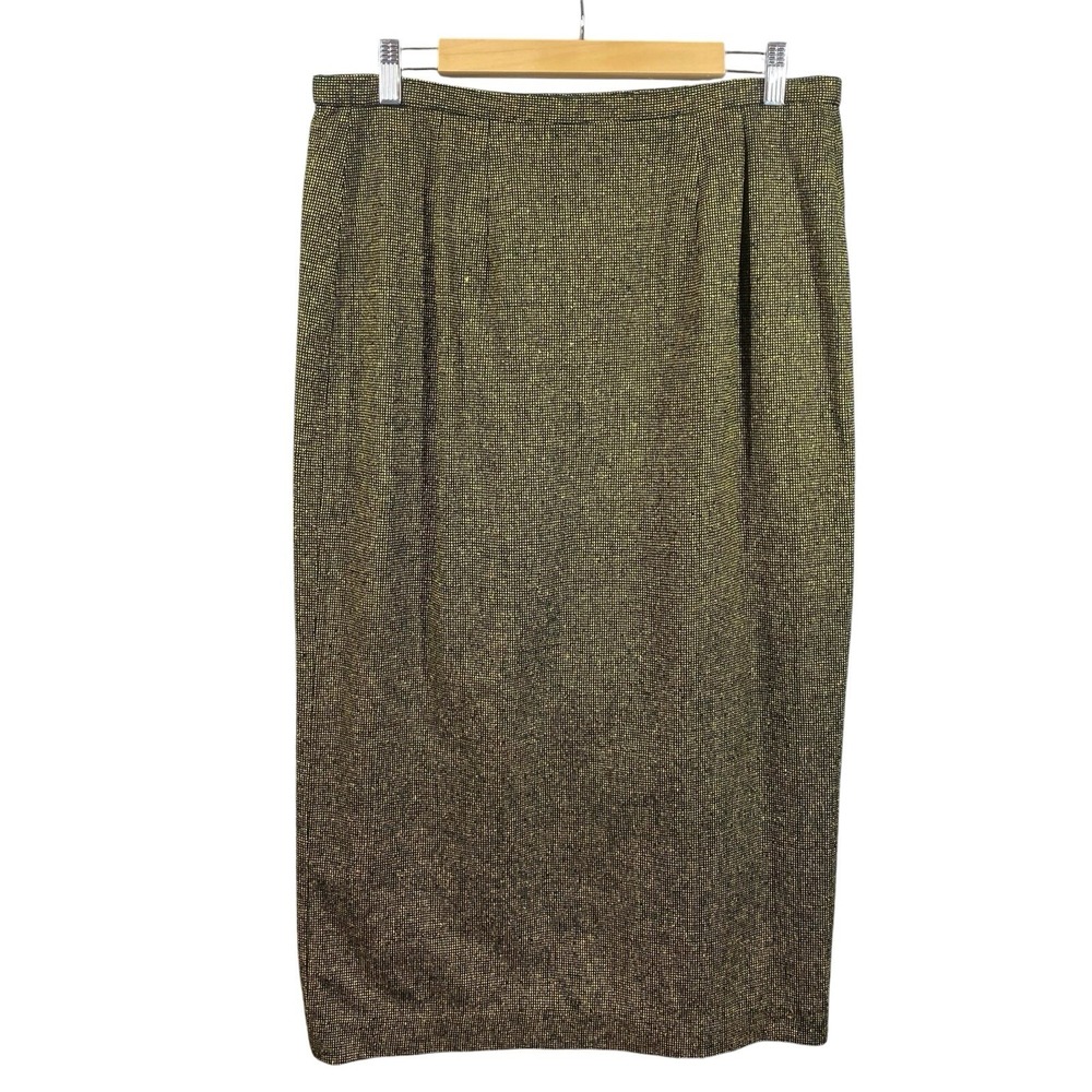 Vintage Ann May 100% Silk Tweed Pencil Skirt 12 Black Gold Metallic Midi Lined